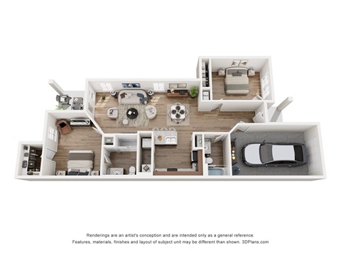 A 3D floor plan of a house with a kitchen, living room, and bedrooms.